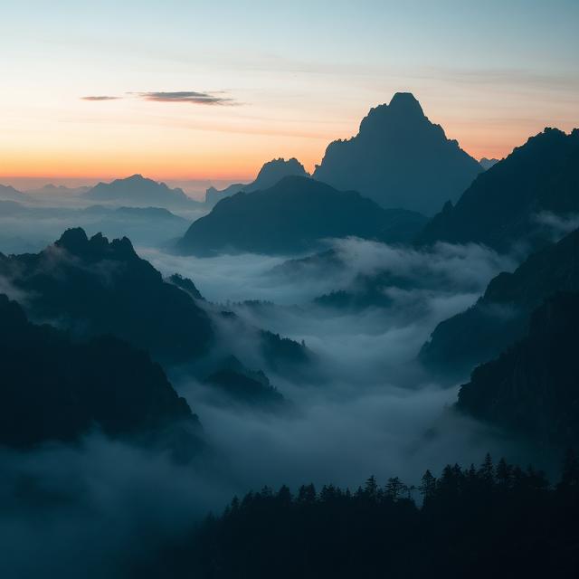 Misty fantasy mountains at sunrise with a lone peak rising above the fog