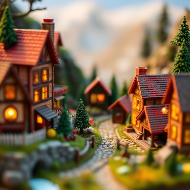 Cozy miniature mountain village with tiny lit cabins and a winding cobbled path