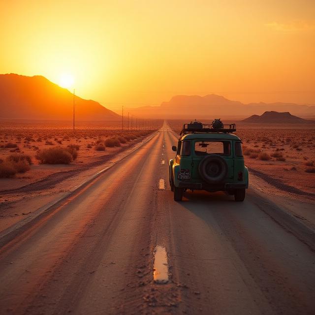 Lone off-road vehicle driving a cracked desert highway toward a low orange sunset