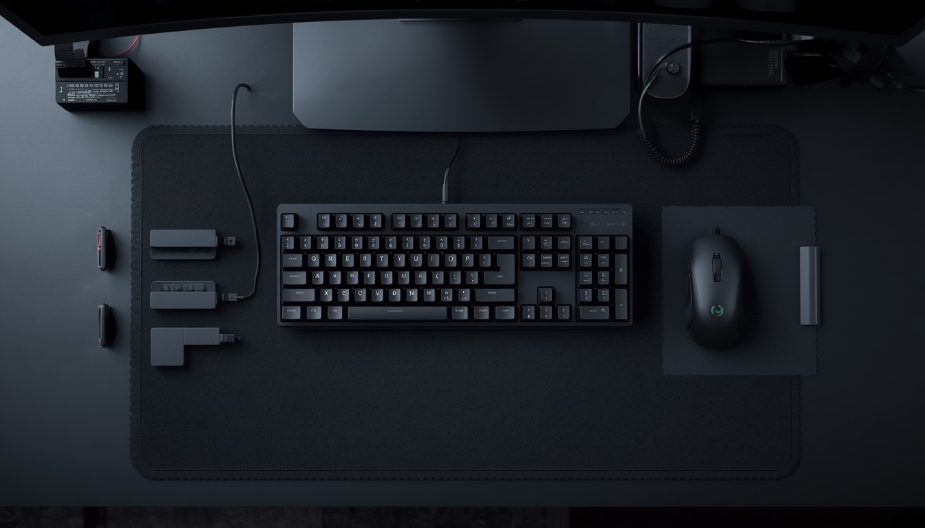 Top-down view of a tidy gaming desk with a mechanical keyboard, mouse and cable-managed peripherals