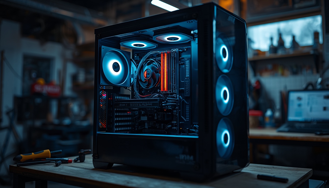 Open PC case with glowing white fans and orange RAM on a workshop bench