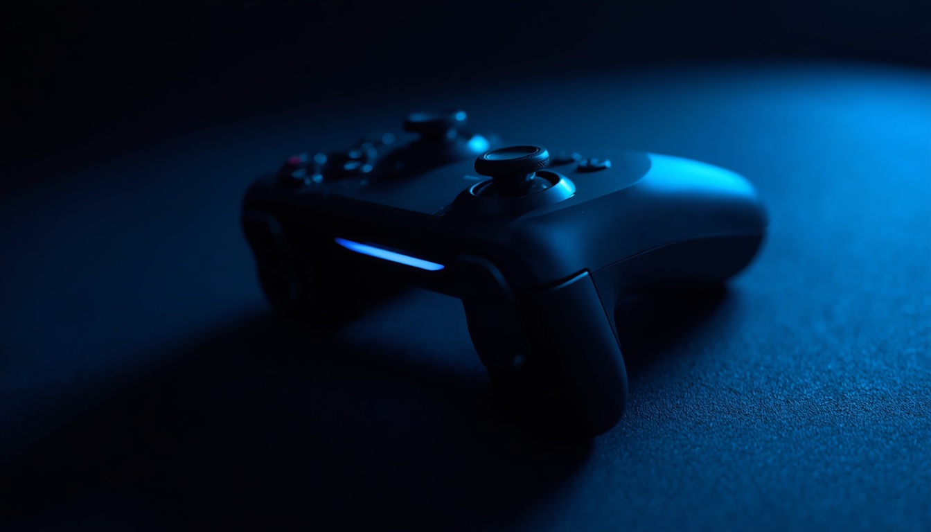 Black gaming controller lit by a blue edge glow on a dark surface