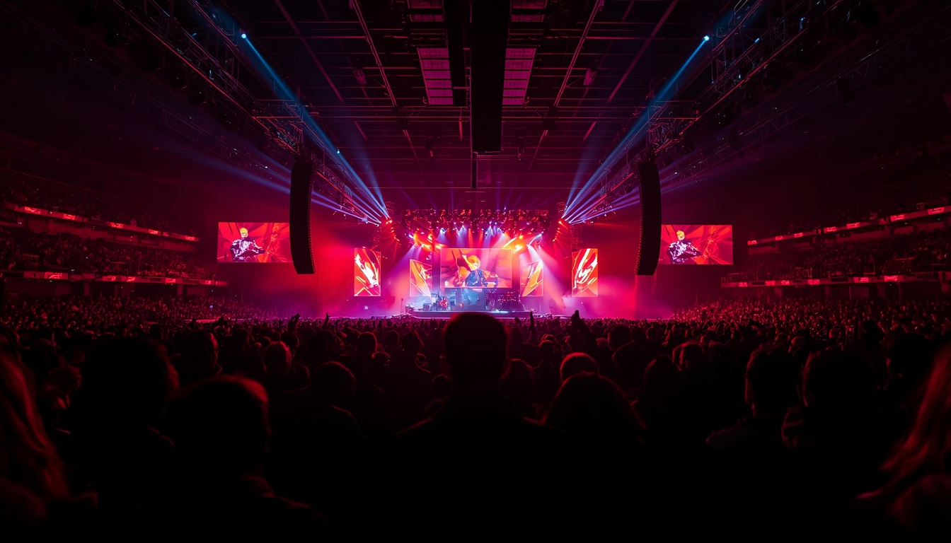 Packed esports arena bathed in red stage light with players on a lit stage