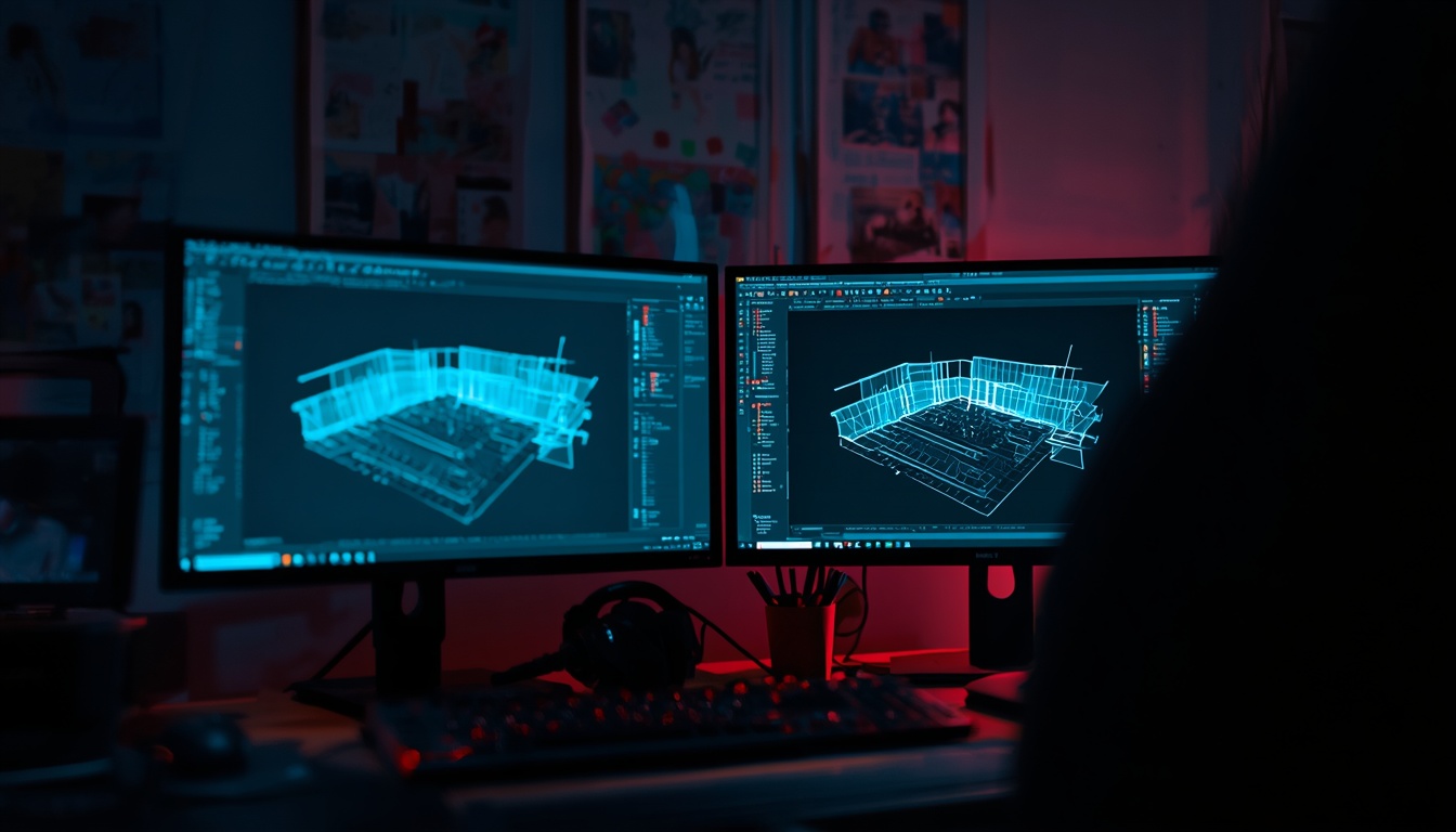 Developer's dual monitors showing a 3D game level being built in an editor at night