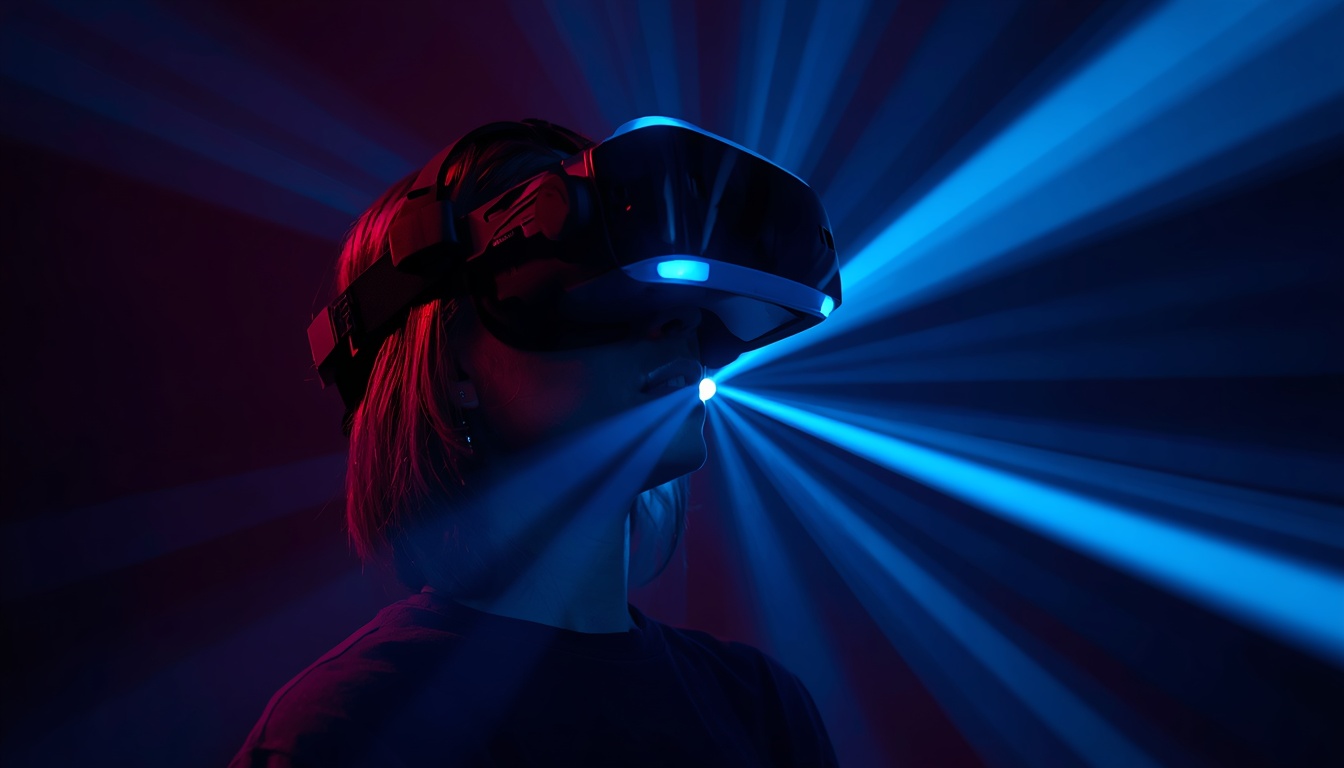 Person wearing a VR headset with blue light beams radiating outward in the dark